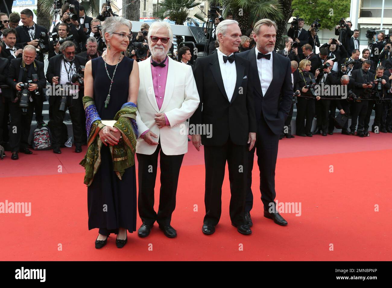 Katharina Kubrick, from left, Jan Harlan, actor Keir Dullea and director  Christopher Nolan pose for photographers upon arrival at the premiere of  the film '2001: A Space Odyssey' at the 71st international