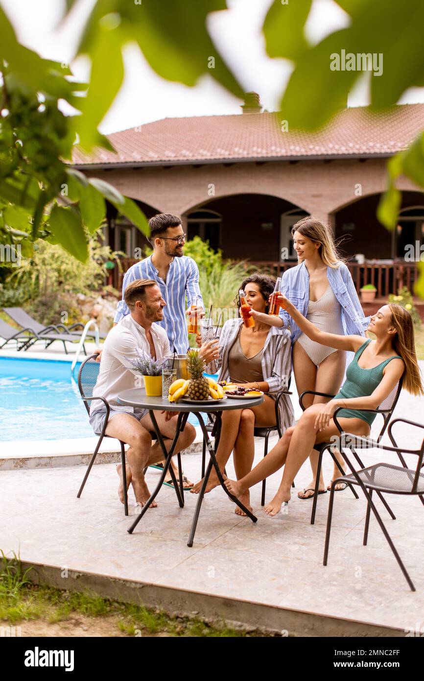 Group of happy young people cheering with cider by the pool in the garden Stock Photo