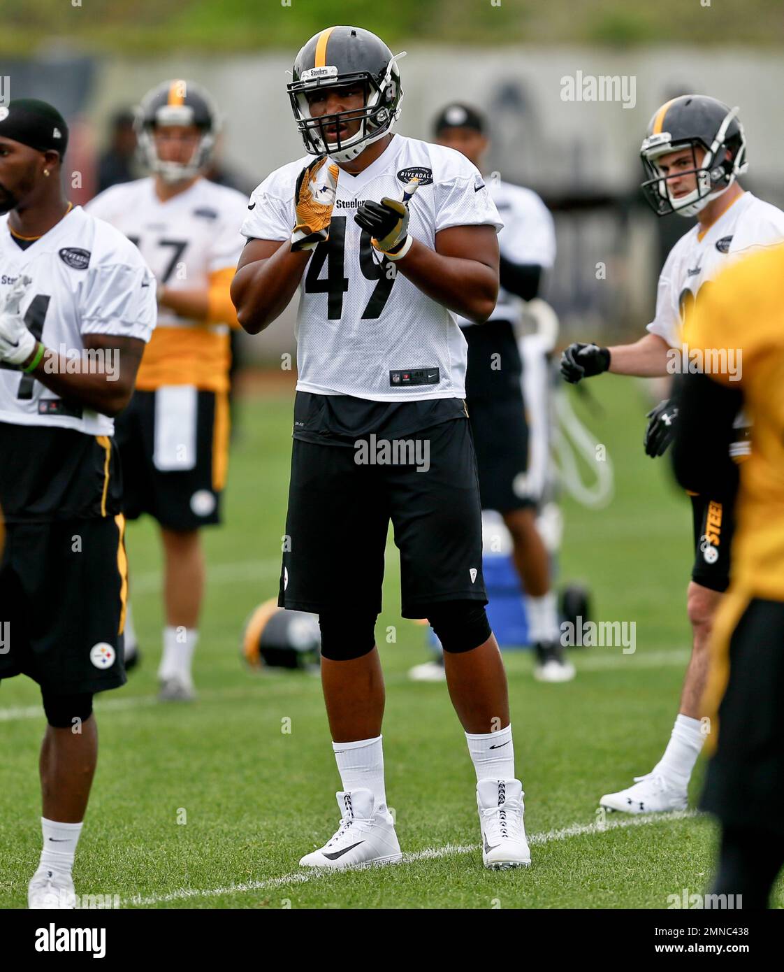 Pittsburgh Steelers tight end Christian Scotland-Williamson (49) from England, during their NFL football rookie mini camp, Friday, May 11, 2018, in Pittsburgh