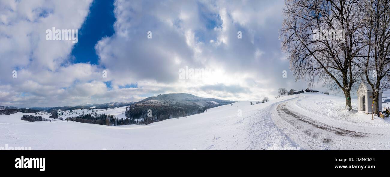 Kaumberg: mountain Hocheck (left), Araburg Castle, farmhouse, way chapel, snow in Mostviertel, Niederösterreich, Lower Austria, Austria Stock Photo