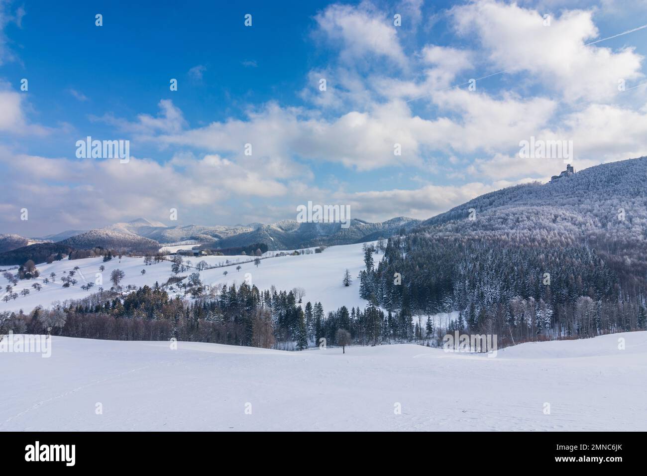 Kaumberg: mountain Hocheck (left), Araburg Castle, snow in Mostviertel, Niederösterreich, Lower Austria, Austria Stock Photo