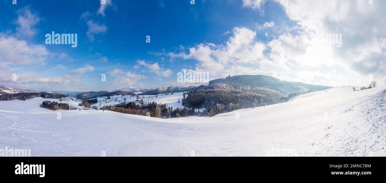 Kaumberg: mountain Hocheck (center), Araburg Castle, snow in Mostviertel, Niederösterreich, Lower Austria, Austria Stock Photo