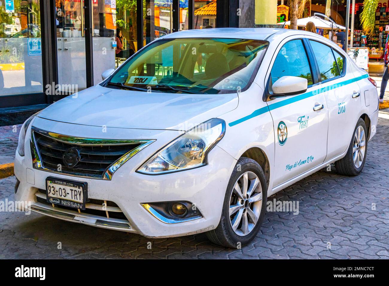 Playa del Carmen Quintana Roo Mexico 2021 White turquoise taxi cab car