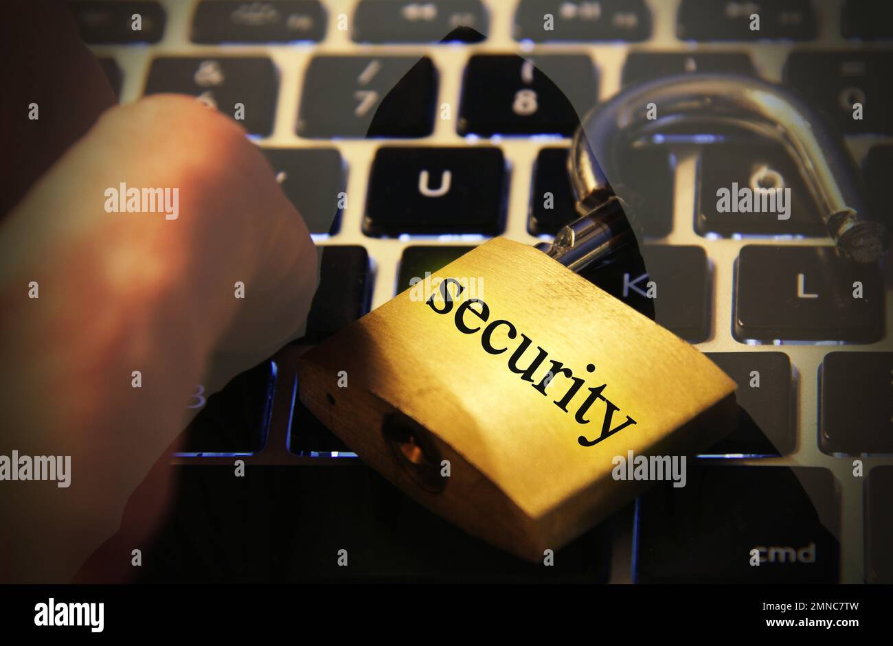 Security text on computer keyboard with open padlock Stock Photo