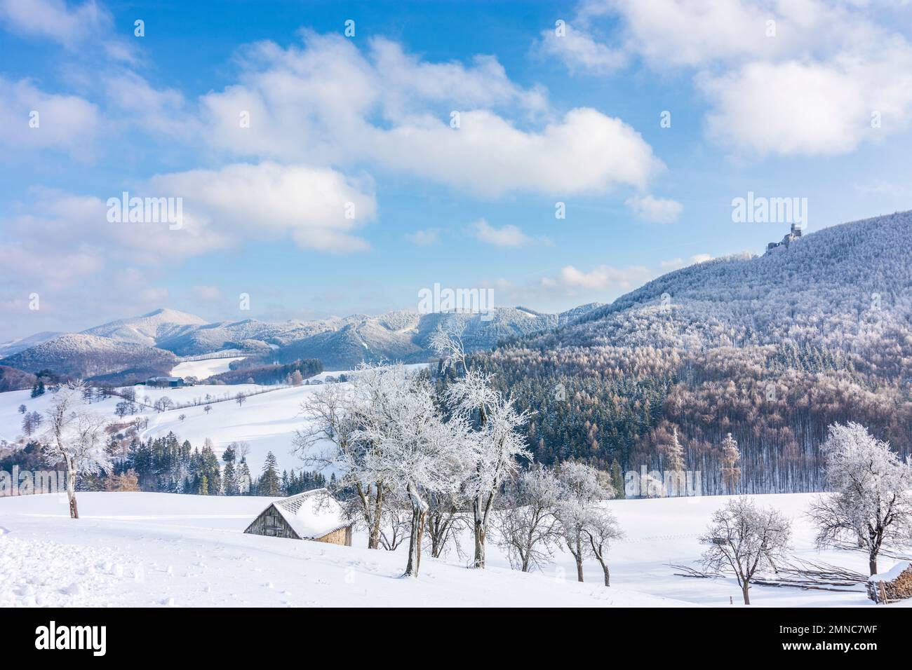 Kaumberg: mountain Hocheck (left), Araburg Castle, barn, snow in Mostviertel, Niederösterreich, Lower Austria, Austria Stock Photo