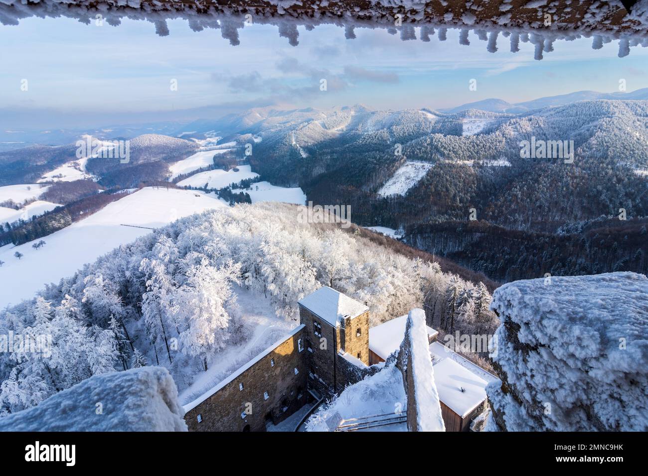 Kaumberg: view from tower of Araburg Castle, view to mountain Hocheck, snow in Mostviertel, Niederösterreich, Lower Austria, Austria Stock Photo