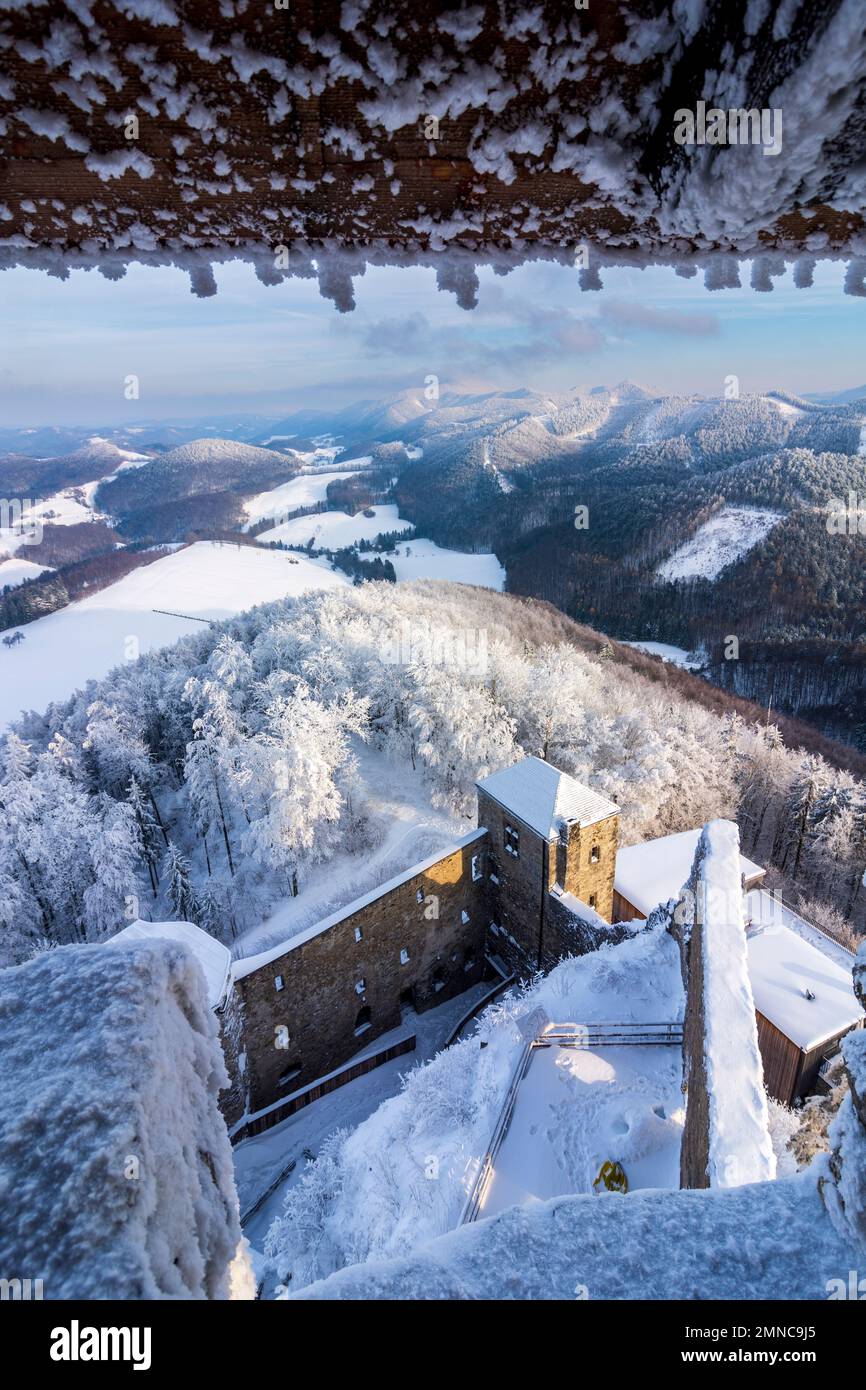 Kaumberg: view from tower of Araburg Castle, view to mountain Hocheck, snow in Mostviertel, Niederösterreich, Lower Austria, Austria Stock Photo