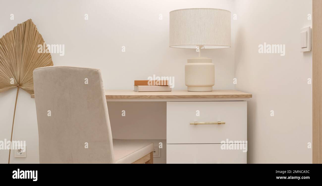 A cozy Home interior in warm beige tones in Japanese  and Scandinavian Style. Modern Scandinavian Interior Design. Japandi Concept Stock Photo