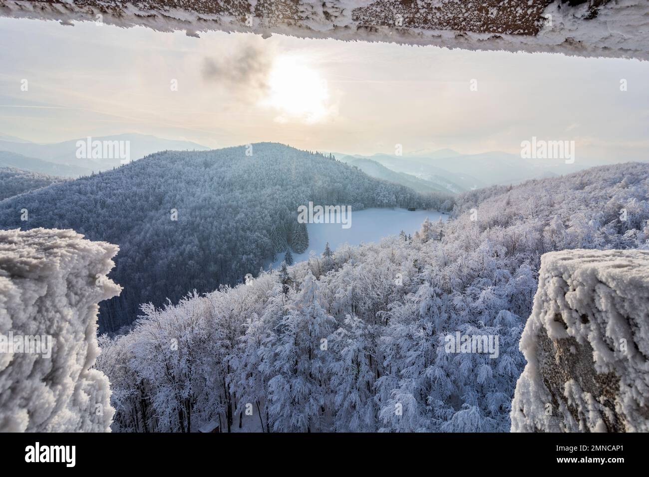 Kaumberg: view from tower of Araburg Castle, view to Gutenstein Alps, snow in Mostviertel, Niederösterreich, Lower Austria, Austria Stock Photo