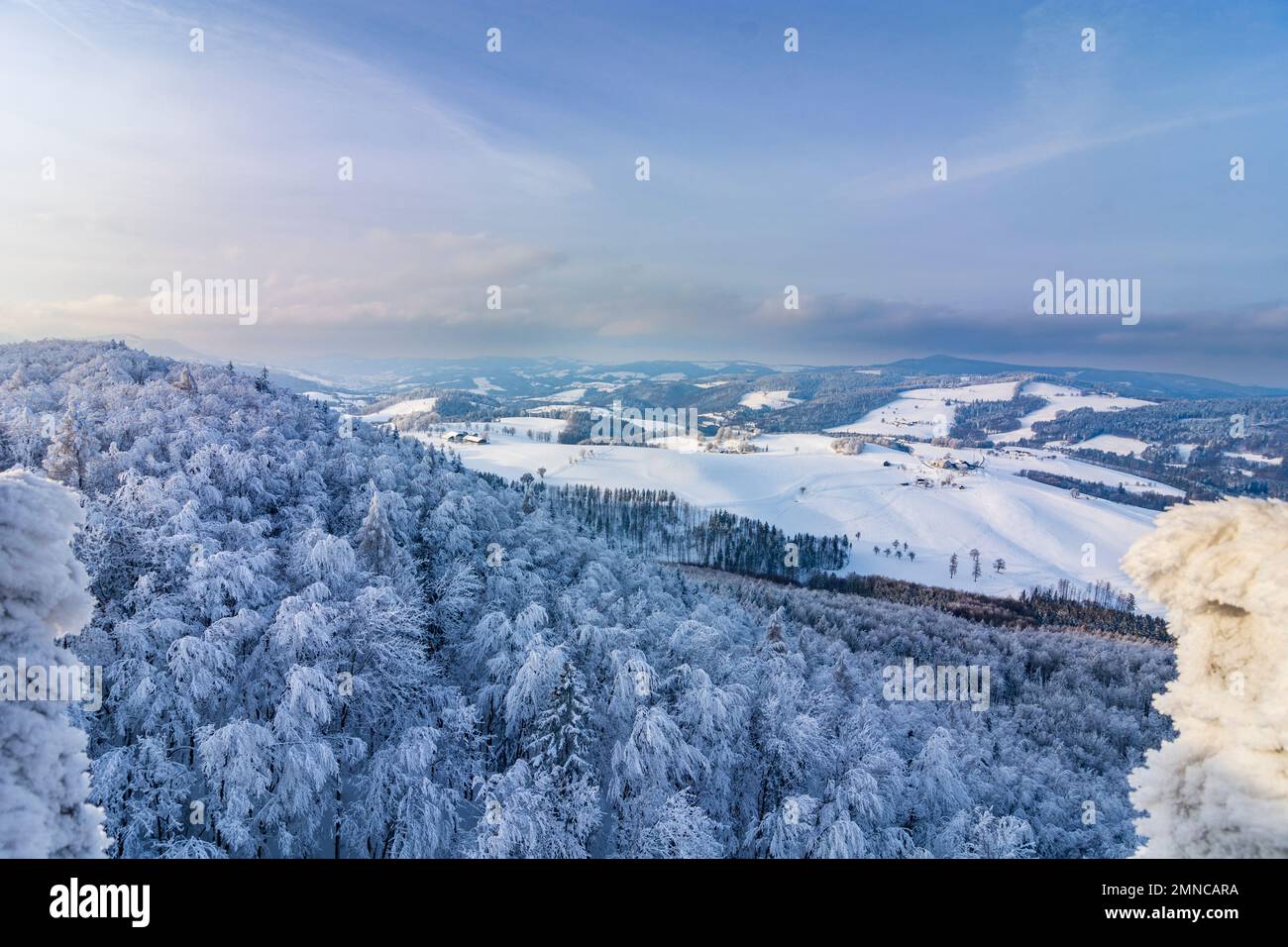 Kaumberg: view from tower of Araburg Castle, view to valley Gölsental, snow in Mostviertel, Niederösterreich, Lower Austria, Austria Stock Photo