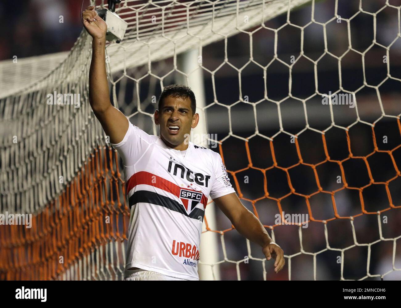 Diego Souza of Brazil's Sao Paulo, celebrates after scoring against  Argentina's Rosario Central, during a Copa Sudamericana soccer match in Sao  Paulo, Brazil, Wednesday, May 9, 2018. (AP Photo/Andre Penner Stock Photo -