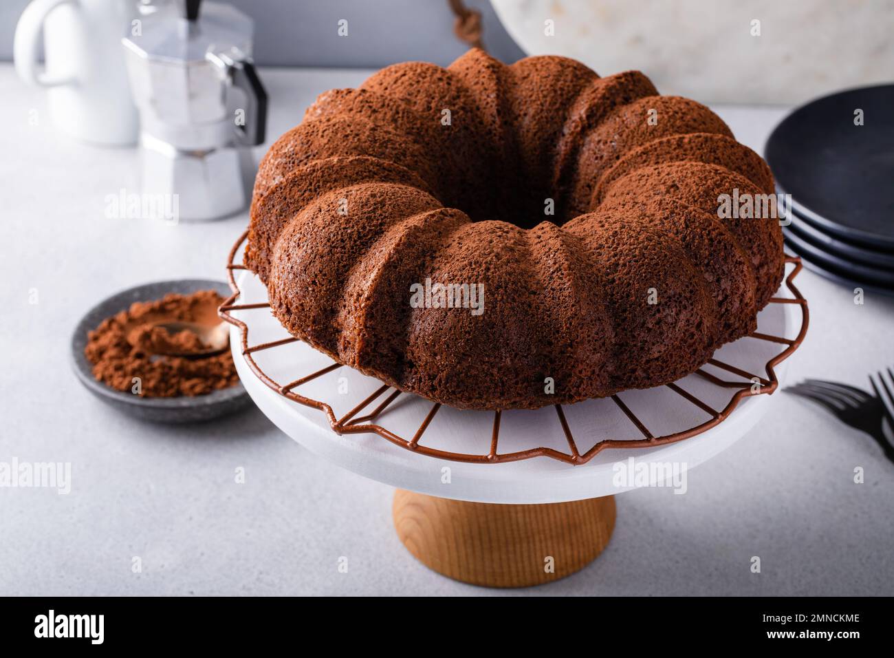 Chocolate bundt cake dusted with cocoa powder on a cooling rack Stock Photo