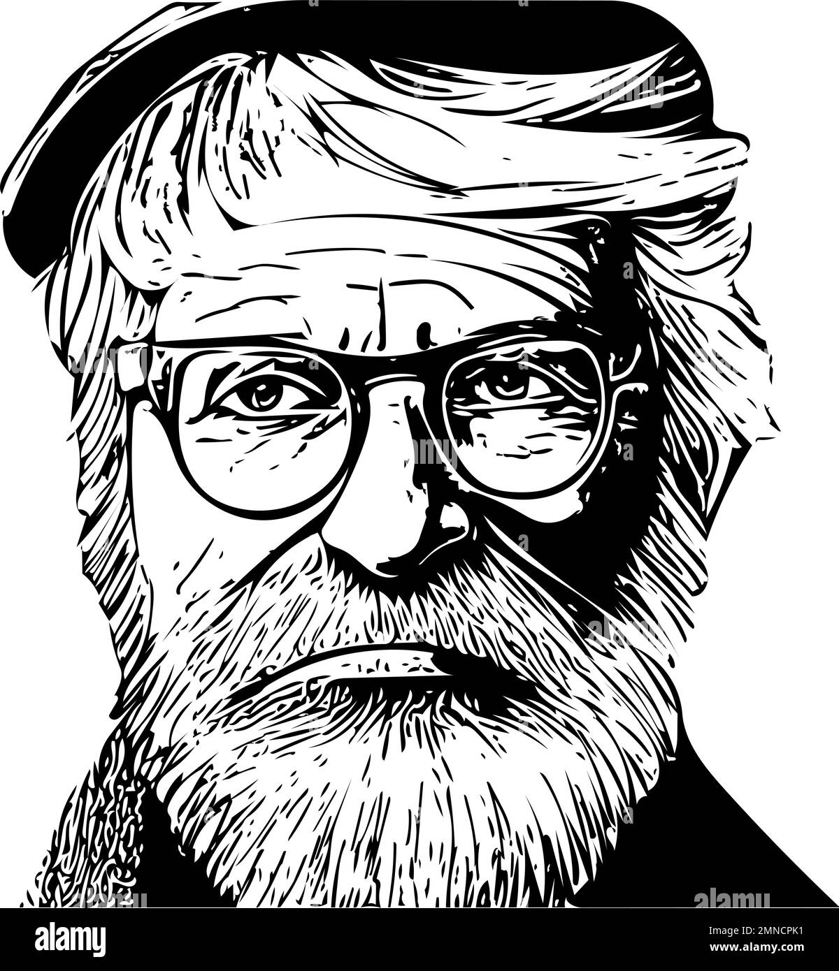 Senior man with a full beard and glasses looks thoughtful. Outline for