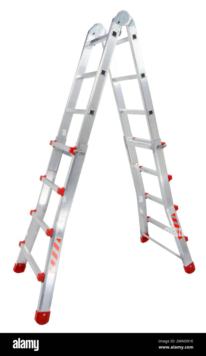 Aluminium stepladder isolated on white background. Portable ladder in a studio setting. An easy and reliable tool for performing installation work. Stock Photo