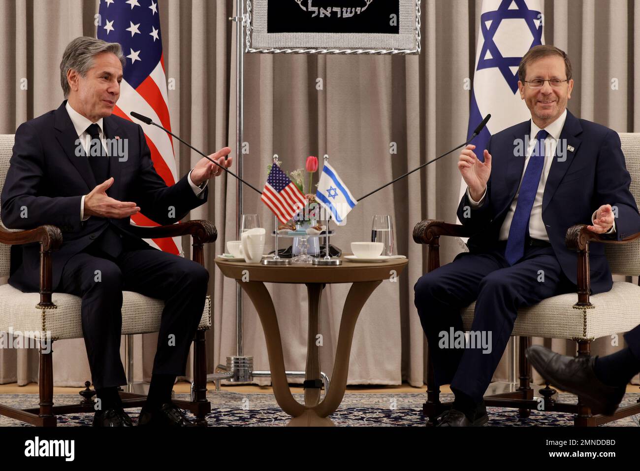 Jerusalem, Israel. 30th Jan, 2023. U.S. Secretary of State Anthony Blinken (L) meets with Israeli President Isaac Herzog on Monday, January 30, 2023 in Jerusalem. Pool Photo by Menahem Kahana/UPI Credit: UPI/Alamy Live News Stock Photo