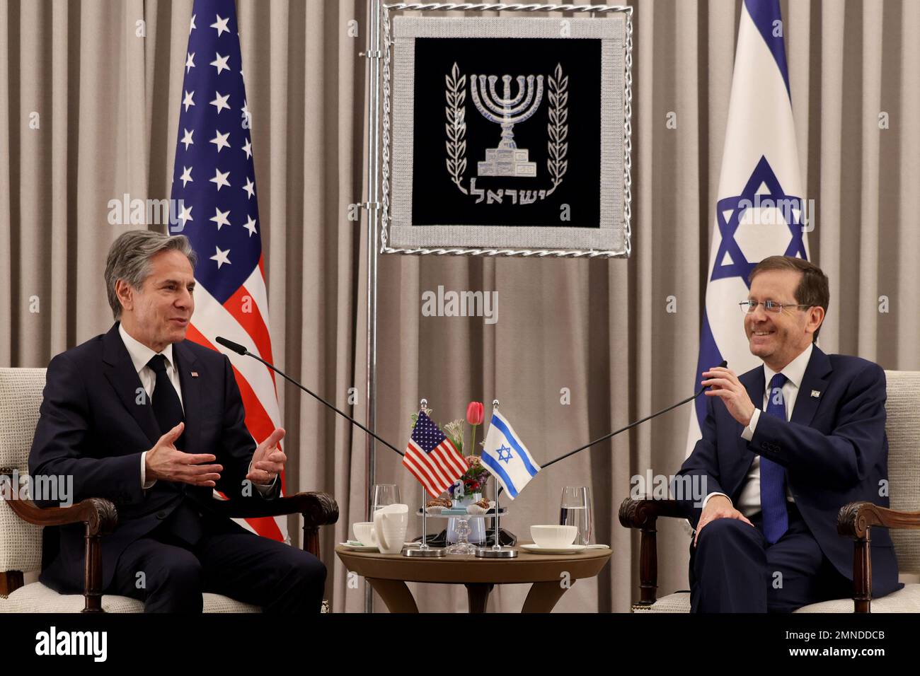 Jerusalem, Israel. 30th Jan, 2023. U.S. Secretary of State Anthony Blinken (L) meets with Israeli President Isaac Herzog on Monday, January 30, 2023 in Jerusalem. Pool Photo by Menahem Kahana/UPI Credit: UPI/Alamy Live News Stock Photo