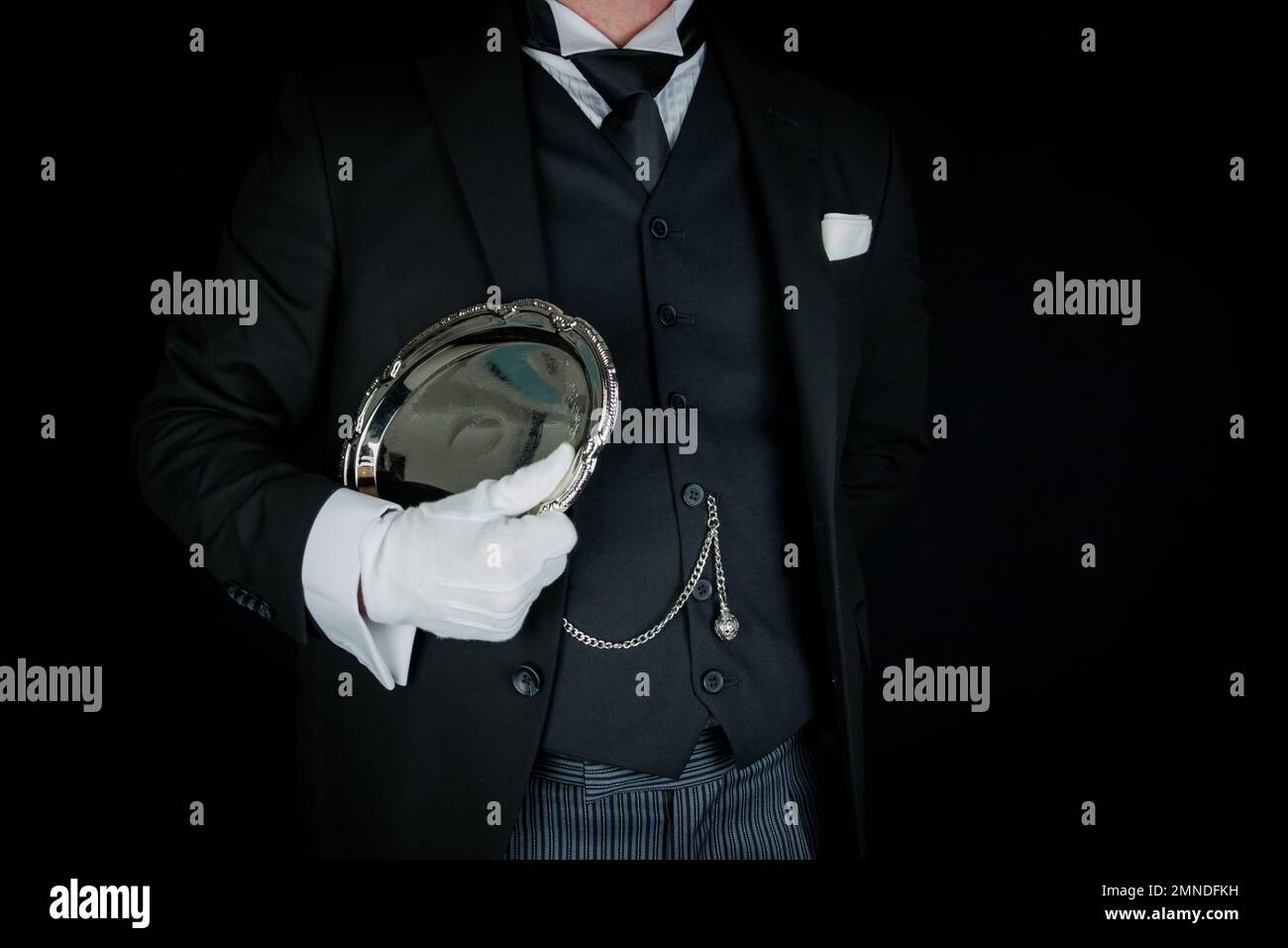 Portrait of Vintage Butler in Dark Suit and White Gloves Elegantly Holding Silver Serving Tray. Service Industry and Professional Courtesy. Stock Photo