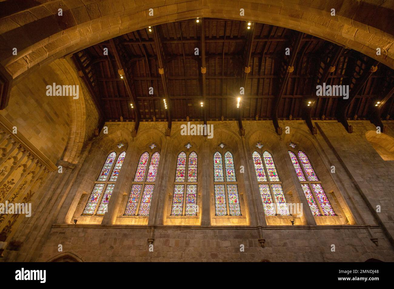 Picture by Tim Cuff. 9 Dec 2022 - 10 Jan 2023. Stained glass windows inside Bolton Priory, at Bolton Abbey site, North Yorkshire, England. Stock Photo