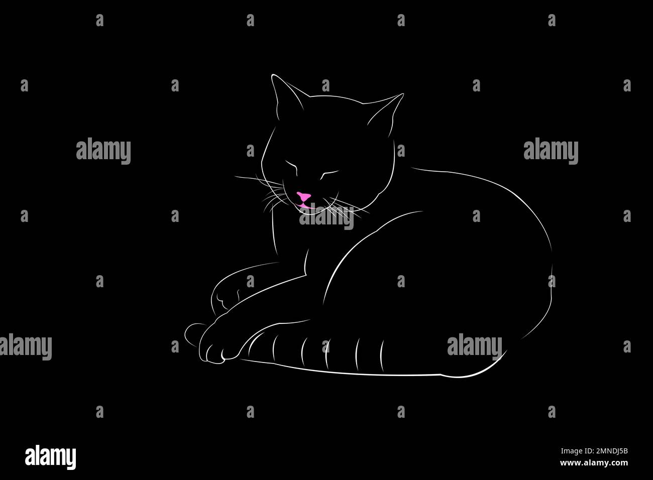 Line-art cat sleeping vector on black background Stock Photo