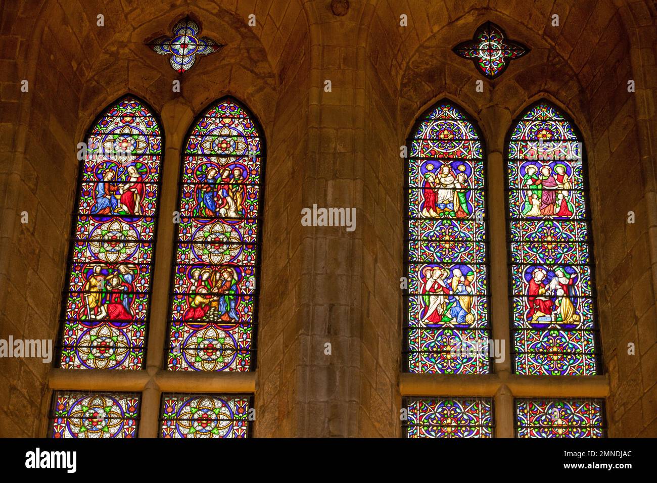 Picture by Tim Cuff. 9 Dec 2022 - 10 Jan 2023. SDtained glass windows inside Bolton Priory, at Bolton Abbey site, North Yorkshire, England. Stock Photo