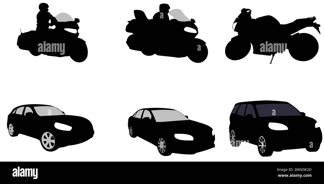 Motorcycles and cars with a SUV as a vectorial set of vehicles Stock Photo