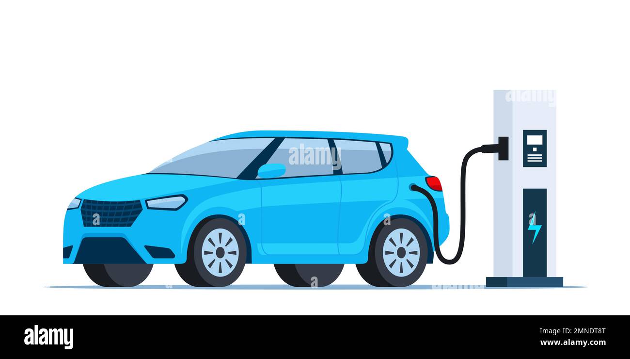 Blue electric car charging, side view. Electric car charging station