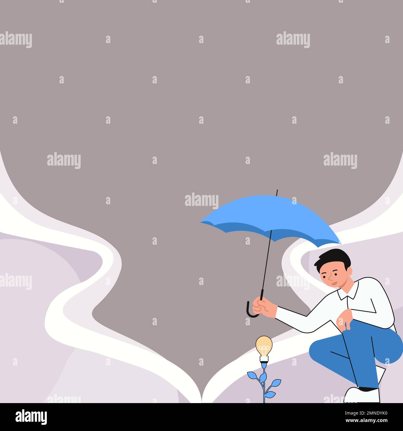 Yung man holding umbrella sitting and looking at rose. Save the flower from rain. Blank white space for text on colored background. Brand new Stock Vector