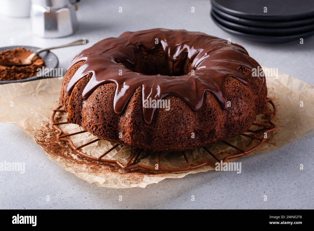 Chocolate bundt cake with chocolate ganache glaze Stock Photo