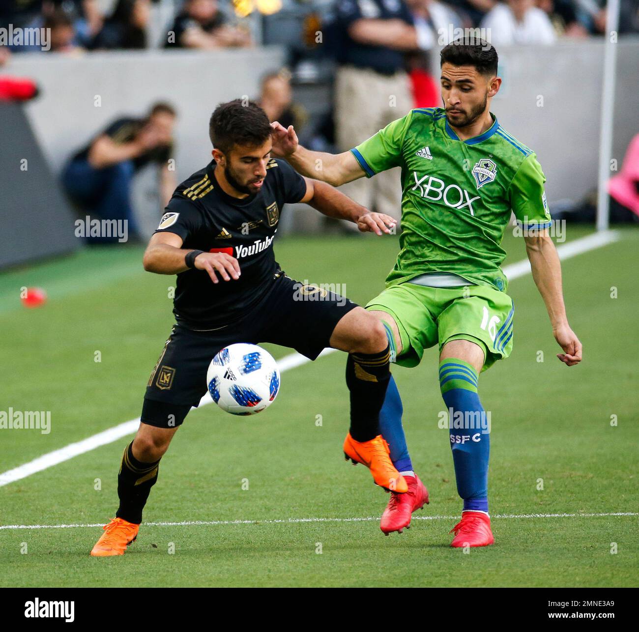 Los Angeles FC forward Diego Rossi (9) of Uruguay, vies with Seattle ...