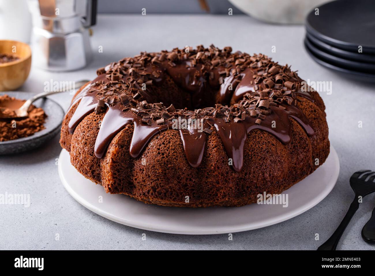 Chocolate bundt cake with chocolate ganache glaze Stock Photo