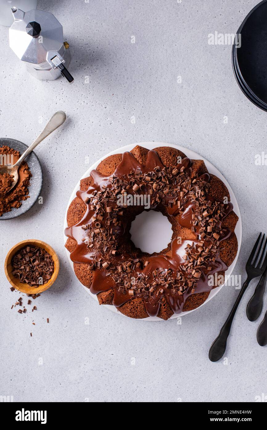 Chocolate bundt cake with chocolate ganache glaze Stock Photo