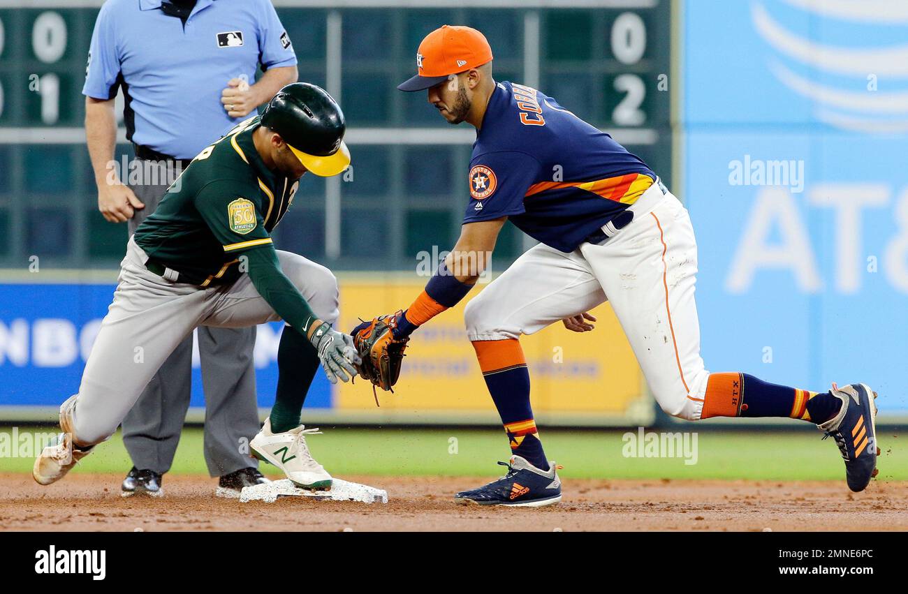 St. Petersburg, United States. 14th Apr, 2022. St. Petersburg, FL. USA;  Oakland Athletics center fielder Cristian Pache (20) and left fielder Chad  Pinder (10) chest bump during pregame warmups prior to a