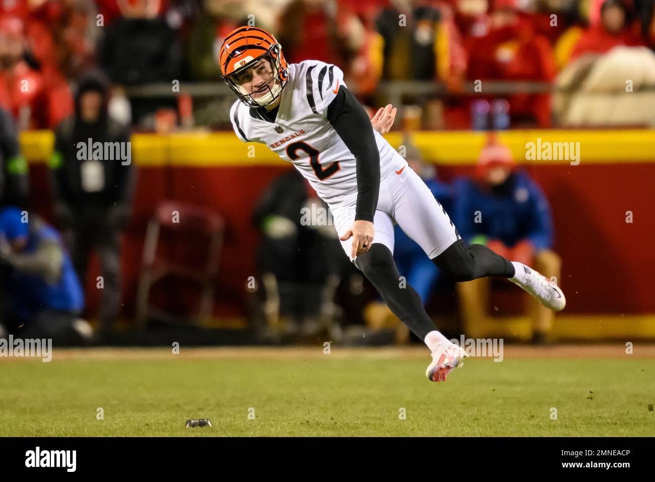 Cincinnati Bengals place kicker Evan McPherson kicks off to the Kansas