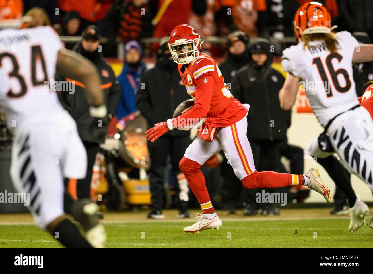 Kansas City Chiefs cornerback Jaylen Watson (35) celebrates an interception  against the Jacksonville Jaguars during an NFL Divisional Playoff football  game Saturday, Jan. 21, 2023, in Kansas City, Mo. (AP Photo/Ed Zurga