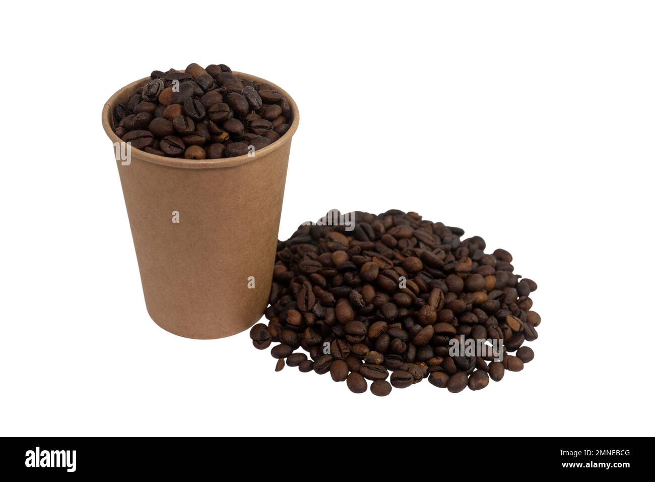 Disposable paper cup filled with coffee beans and a bunch of coffee ...
