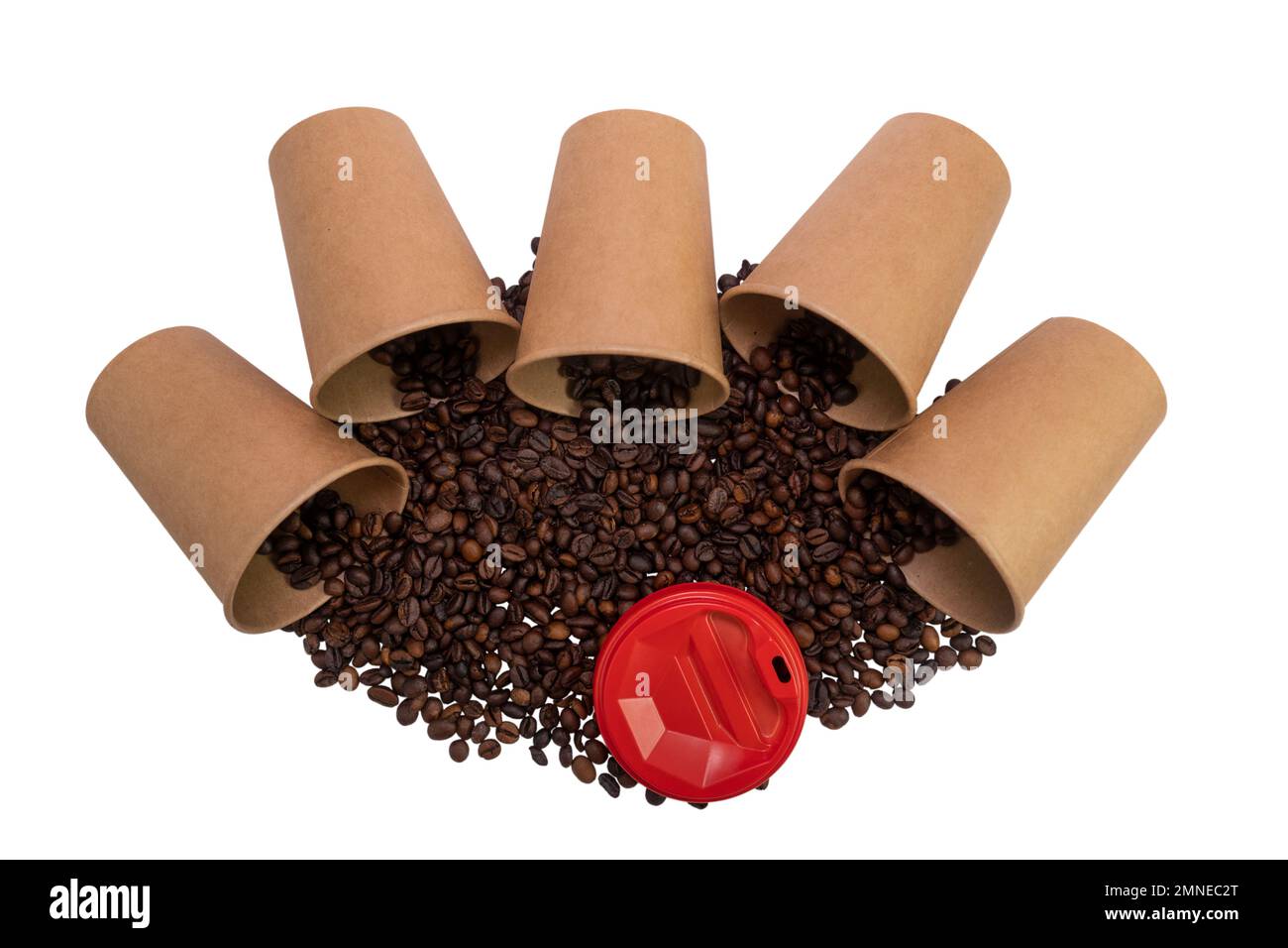 Five overturned disposable paper cups filled with roasted coffee beans isolated on white background (close-up) Stock Photo