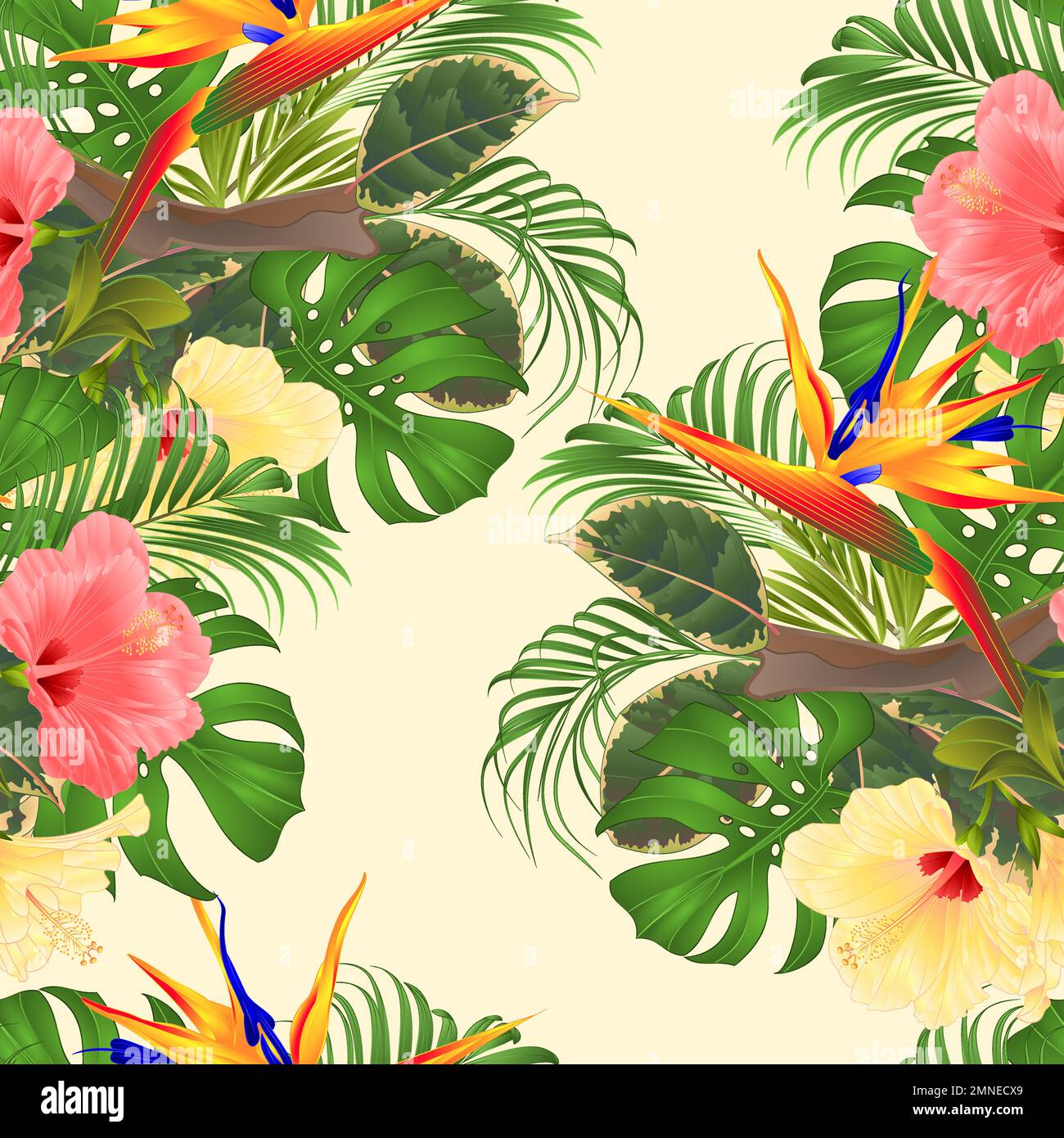 Seamless texture bouquet with tropical flowers  floral arrangement with beautiful pink and yellow hibiscus and Strelitzia palm,philodendron and ficus Stock Vector