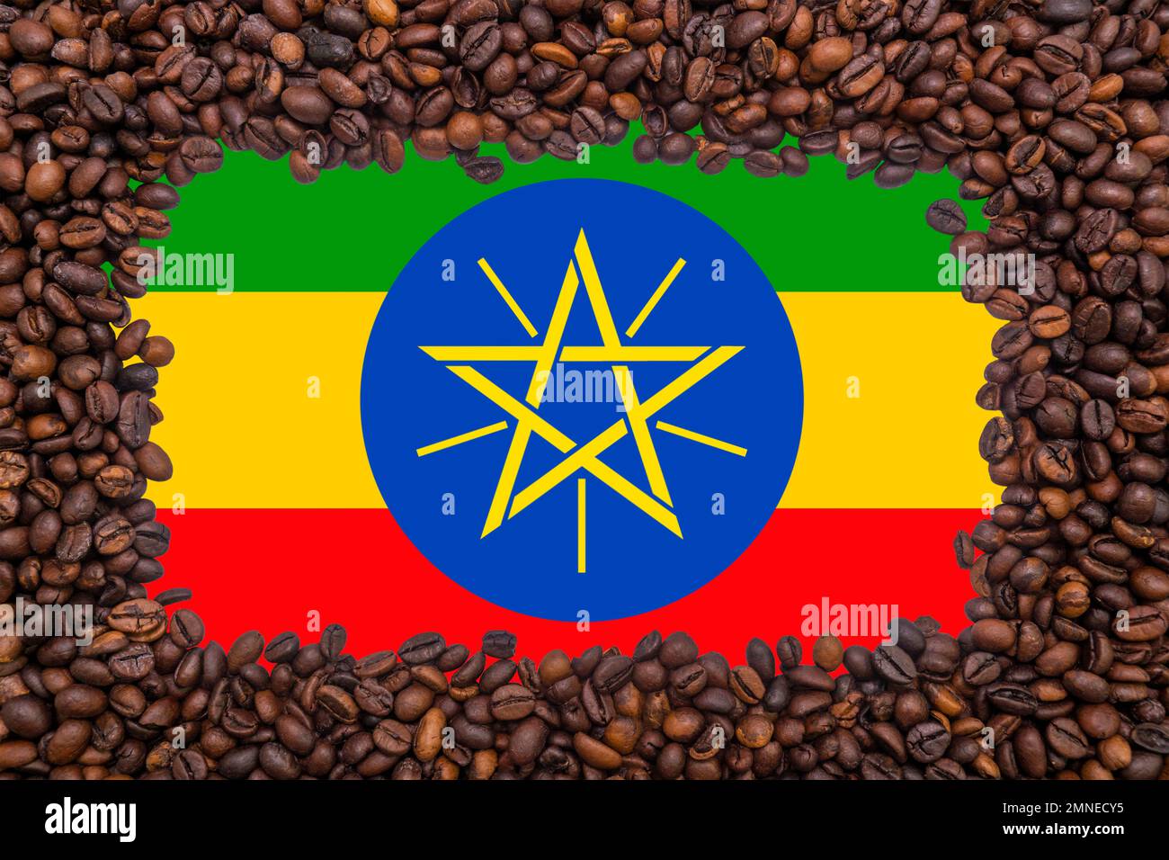 Frame of roasted coffee beans on the background of the flag of Ethiopia