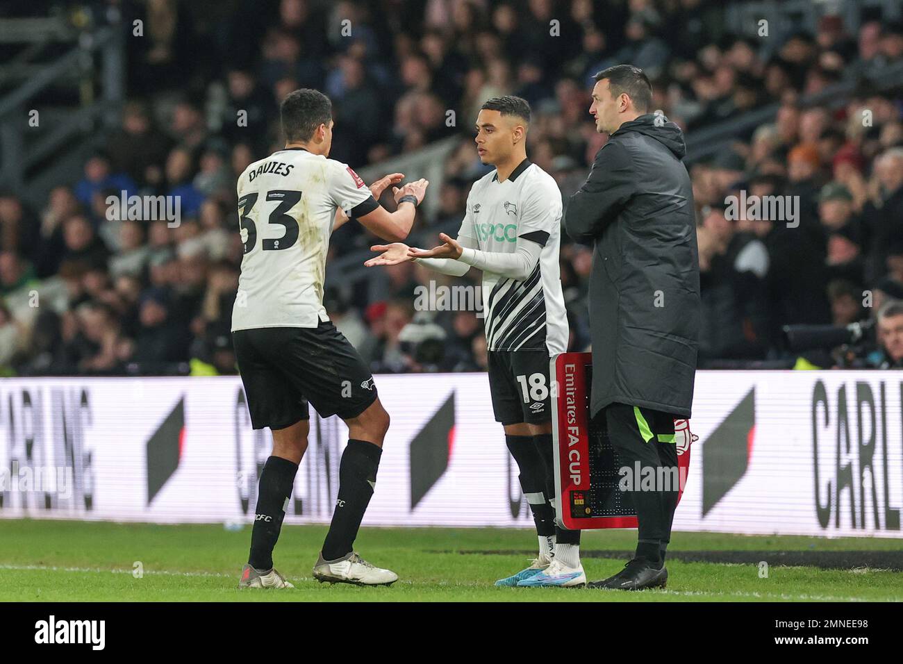 Derby, UK. 30th Jan, 2023. Curtis Davies #33 of Derby County is substituted off for Lewis Dobbin #18 of Derby County during the Emirates FA Cup fourth round match Derby County vs West Ham United at Pride Park Stadium, Derby, United Kingdom, 30th January 2023 (Photo by Mark Cosgrove/News Images) in Derby, United Kingdom on 1/30/2023. (Photo by Mark Cosgrove/News Images/Sipa USA) Credit: Sipa USA/Alamy Live News Stock Photo