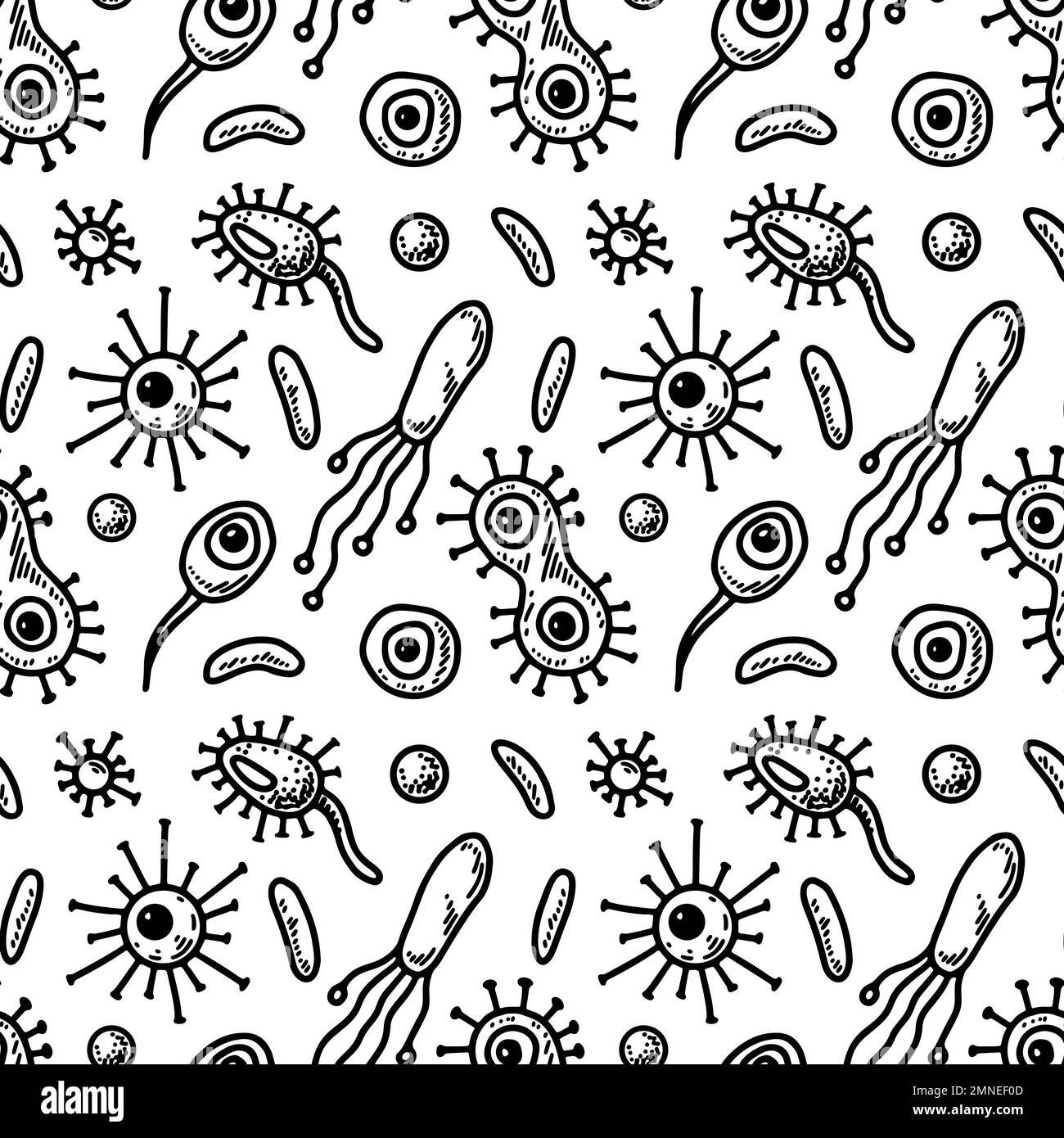 Microbiology seamless pattern. Scientific vector illustration in sketch style Stock Vector