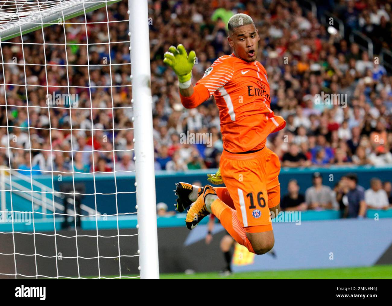 FILE - In this Wednesday, July 26, 2017 file photo, Paris Saint-Germain  goalkeeper Alphonse Areola defends during the first half of an  International Champions Cup soccer match against Juventus, in Miami Gardens,
