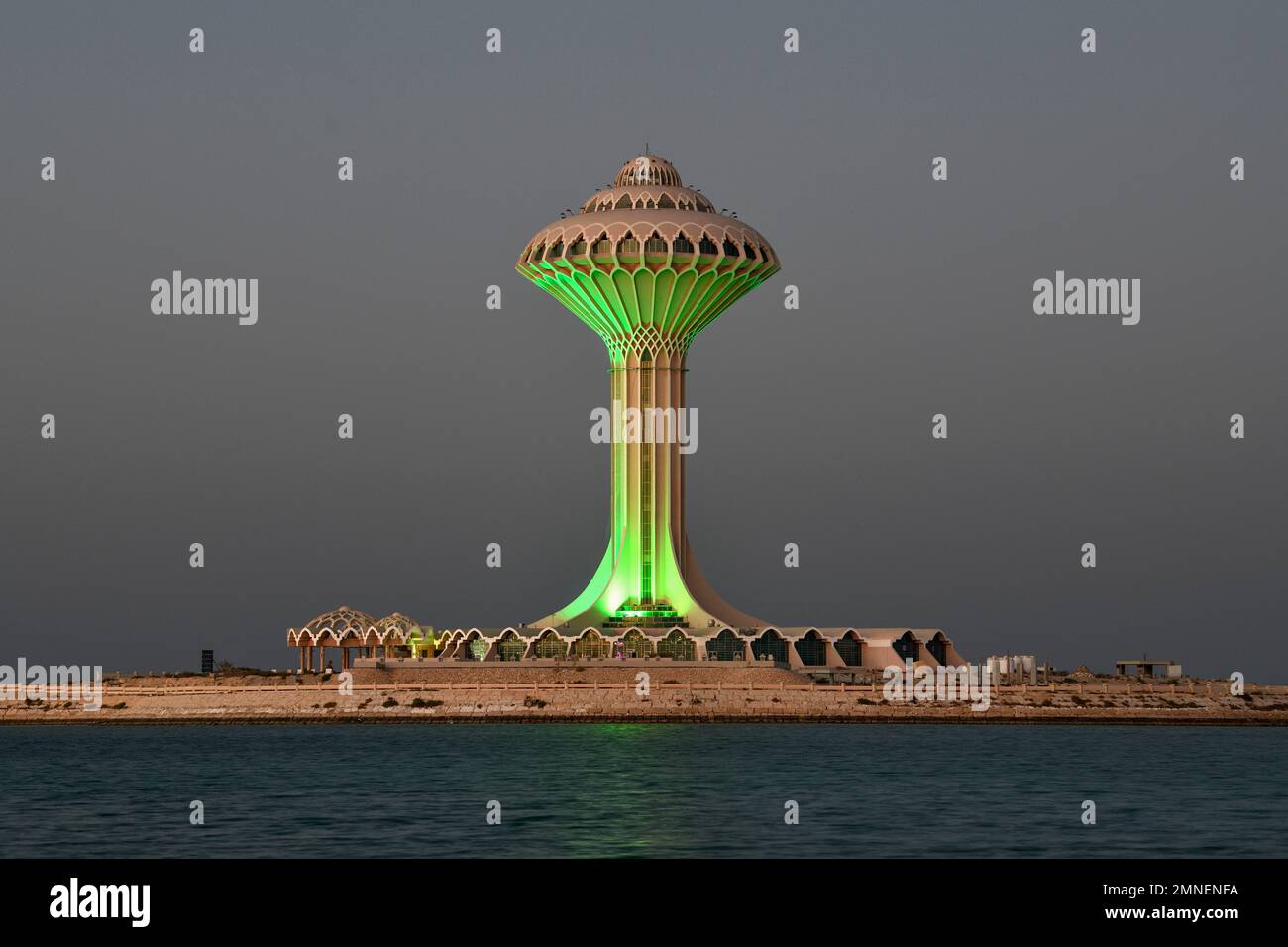 Illuminated water tower on the Corniche, blue hour, blue hour, Al Khobar, Ash Sharqiyah province, Persian Gulf, Saudi Arabia Stock Photo