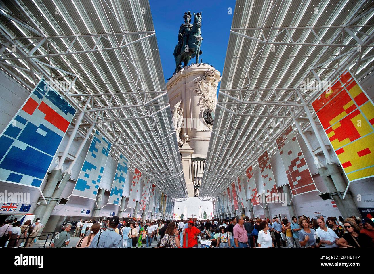 Photomontage equestrian statue of King Jose I, tourists at Expo 98, Lisbon, Portugal Stock Photo