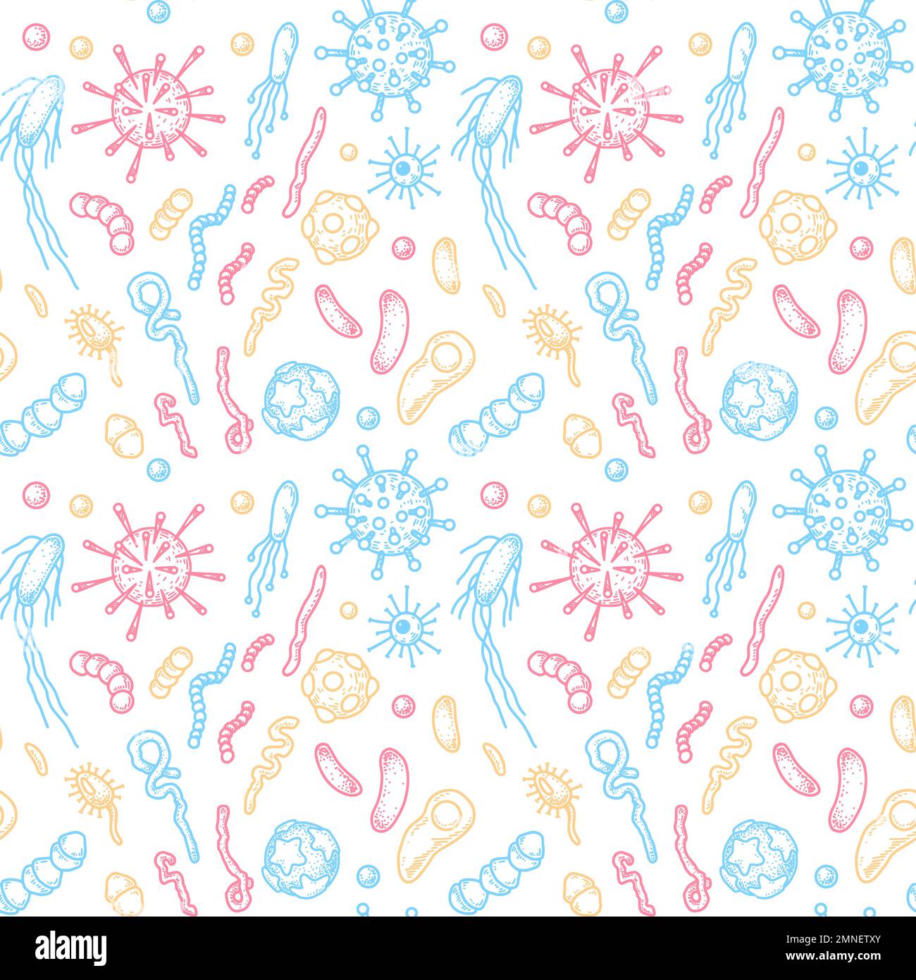 Bacteria and virus seamless pattern. Scientific vector illustration in sketch style. Doodle background Stock Vector