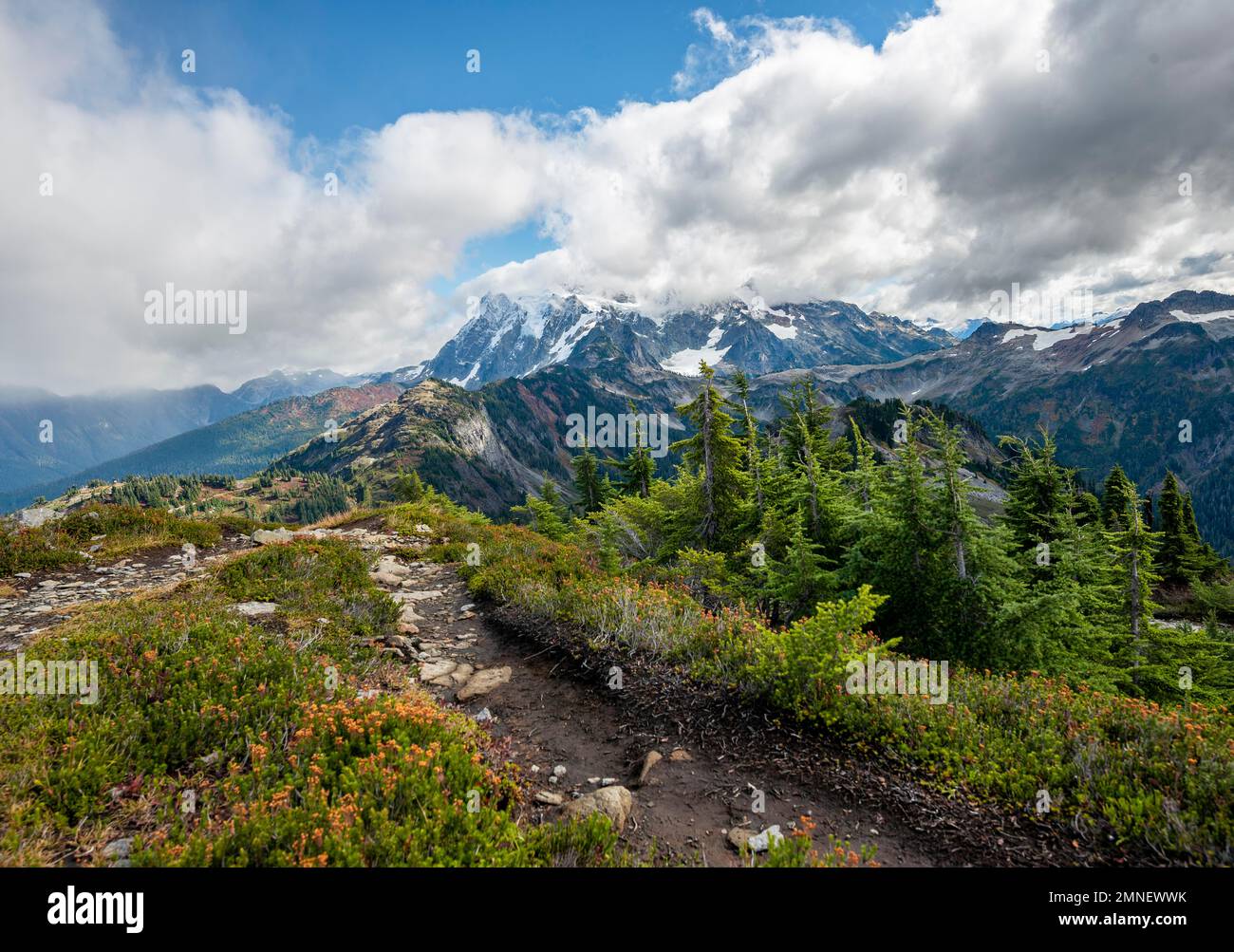 Hiking trail on Table Mountain, view of Mt. Shuksan with snow and