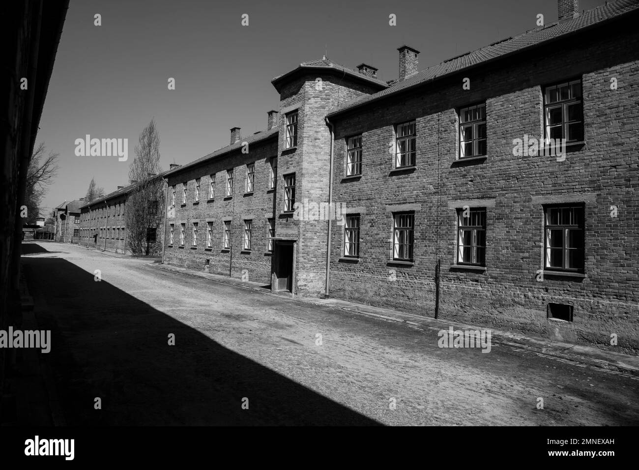 Camp buildings at the Auschwitz-Birkenau concentration camp in Poland where vast numbers of Jewish and Polish prisoners were killed by Nazi Germany Stock Photo