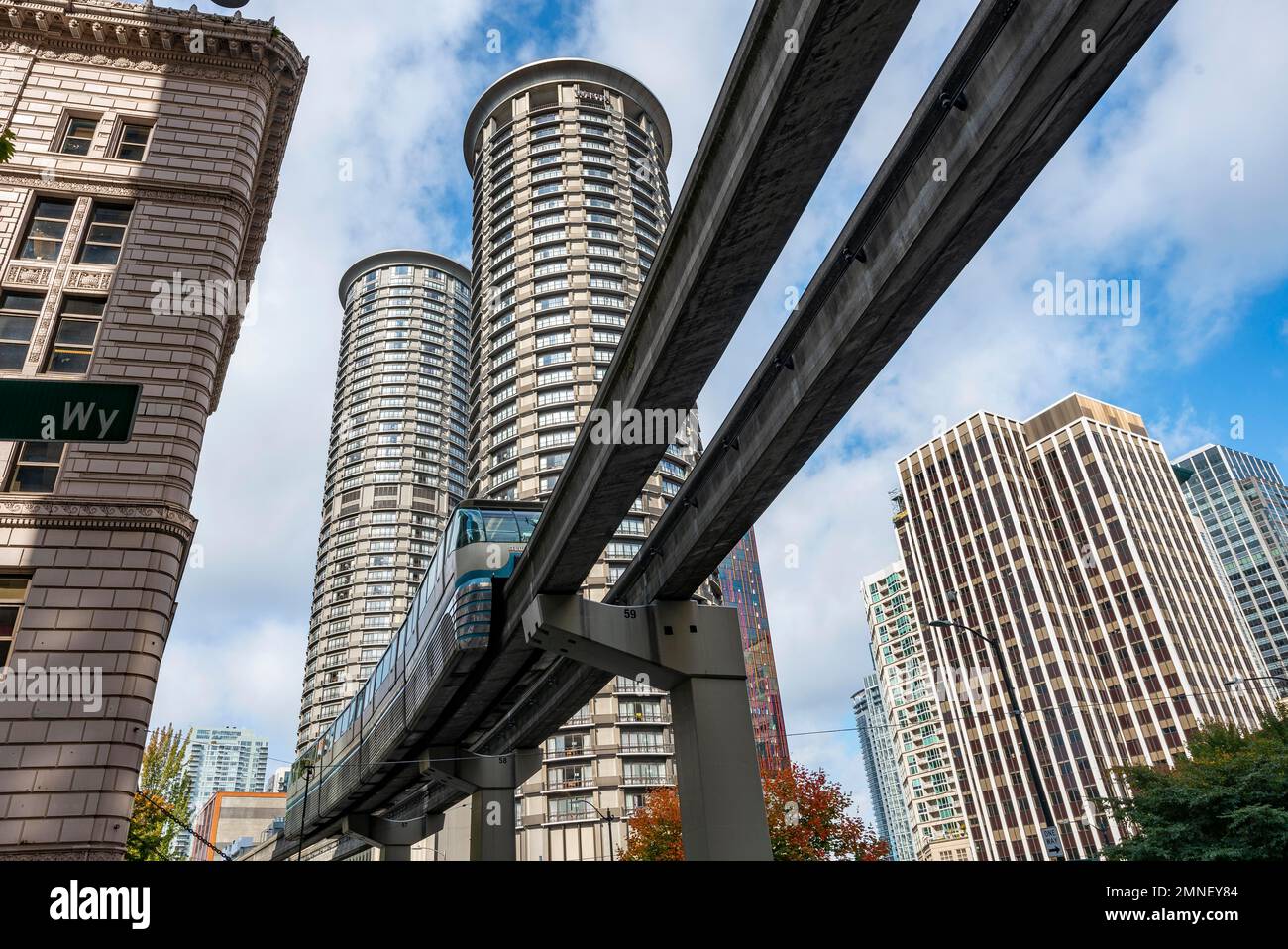 Monorail rail, skyscrapers and downtown, Seattle Center, Seattle, Washington, USA Stock Photo