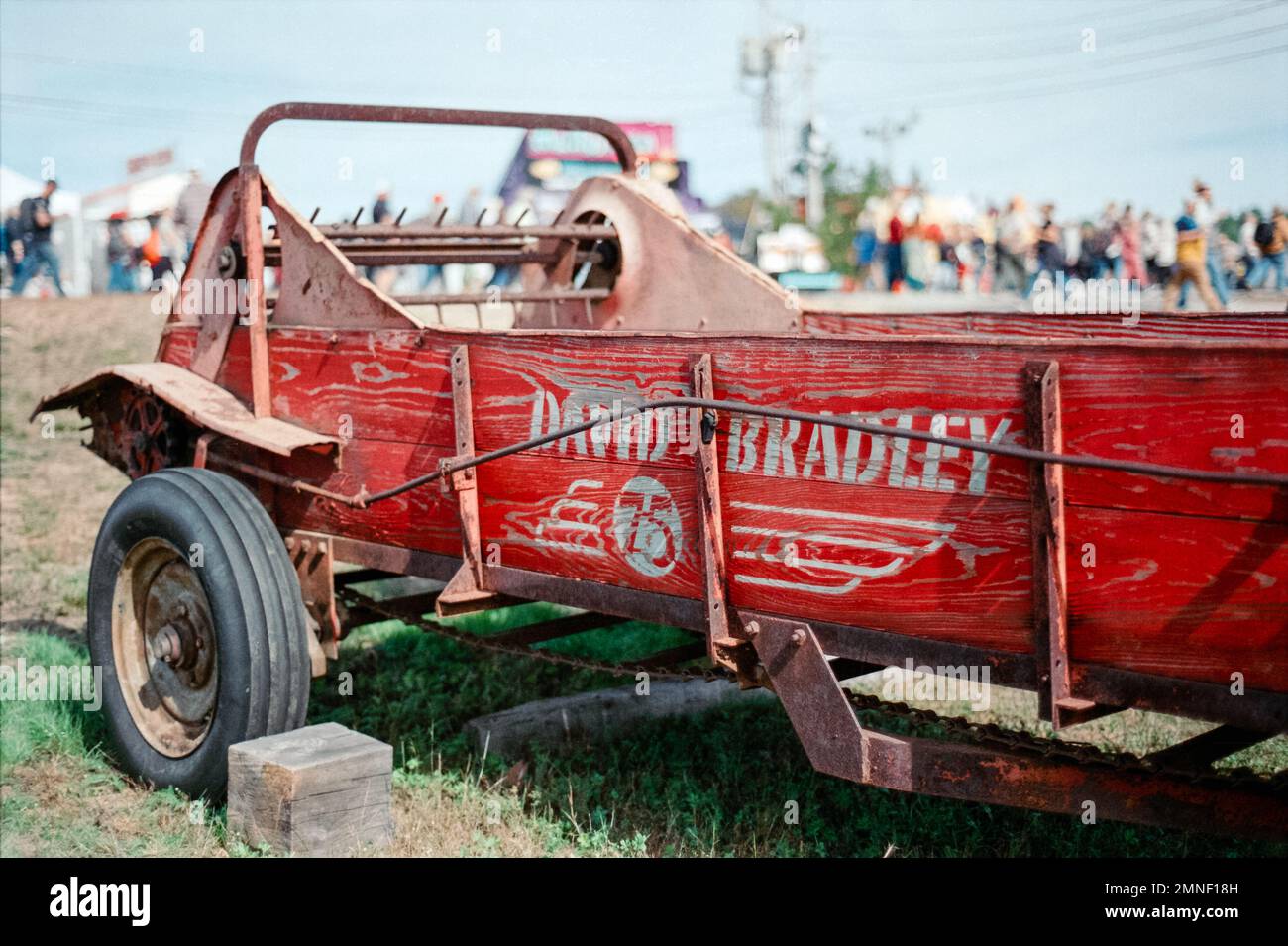 David Bradley hay trailer on display at the Deerfield Fair, New Hampshire. Image was captured on analog color film. Stock Photo
