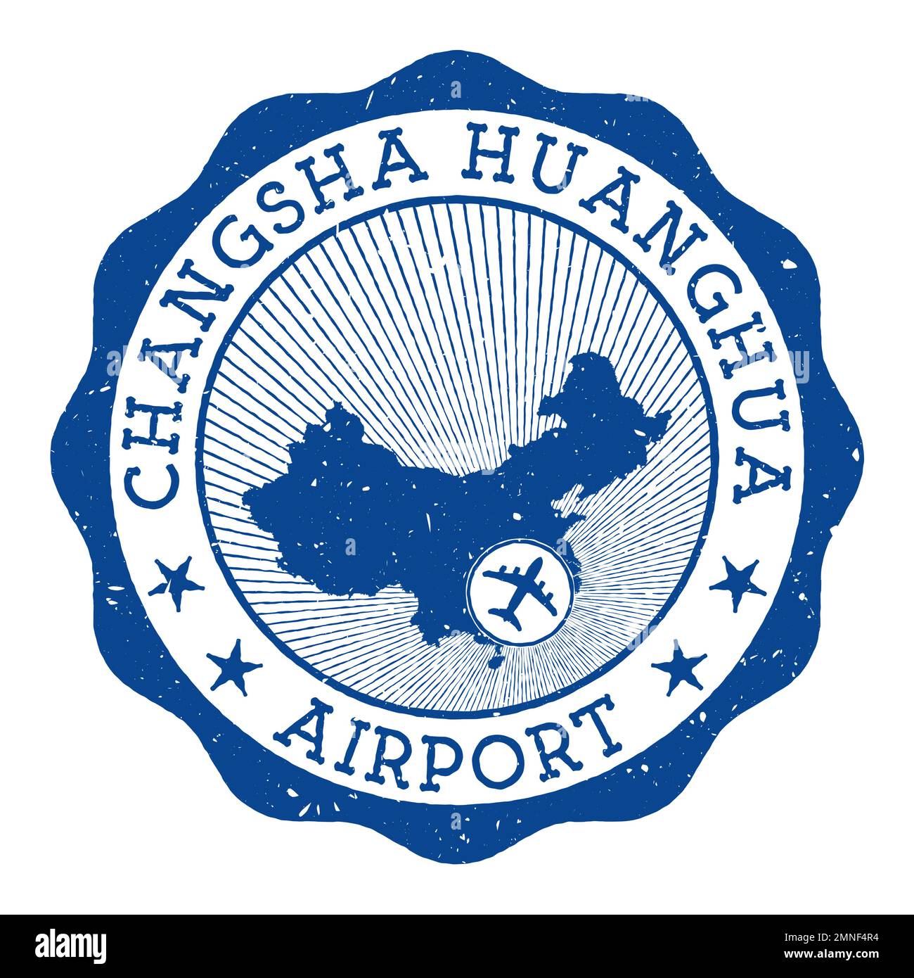 Changsha Huanghua Airport stamp. Airport of Changsha round logo with location on China map marked by airplane. Vector illustration. Stock Vector