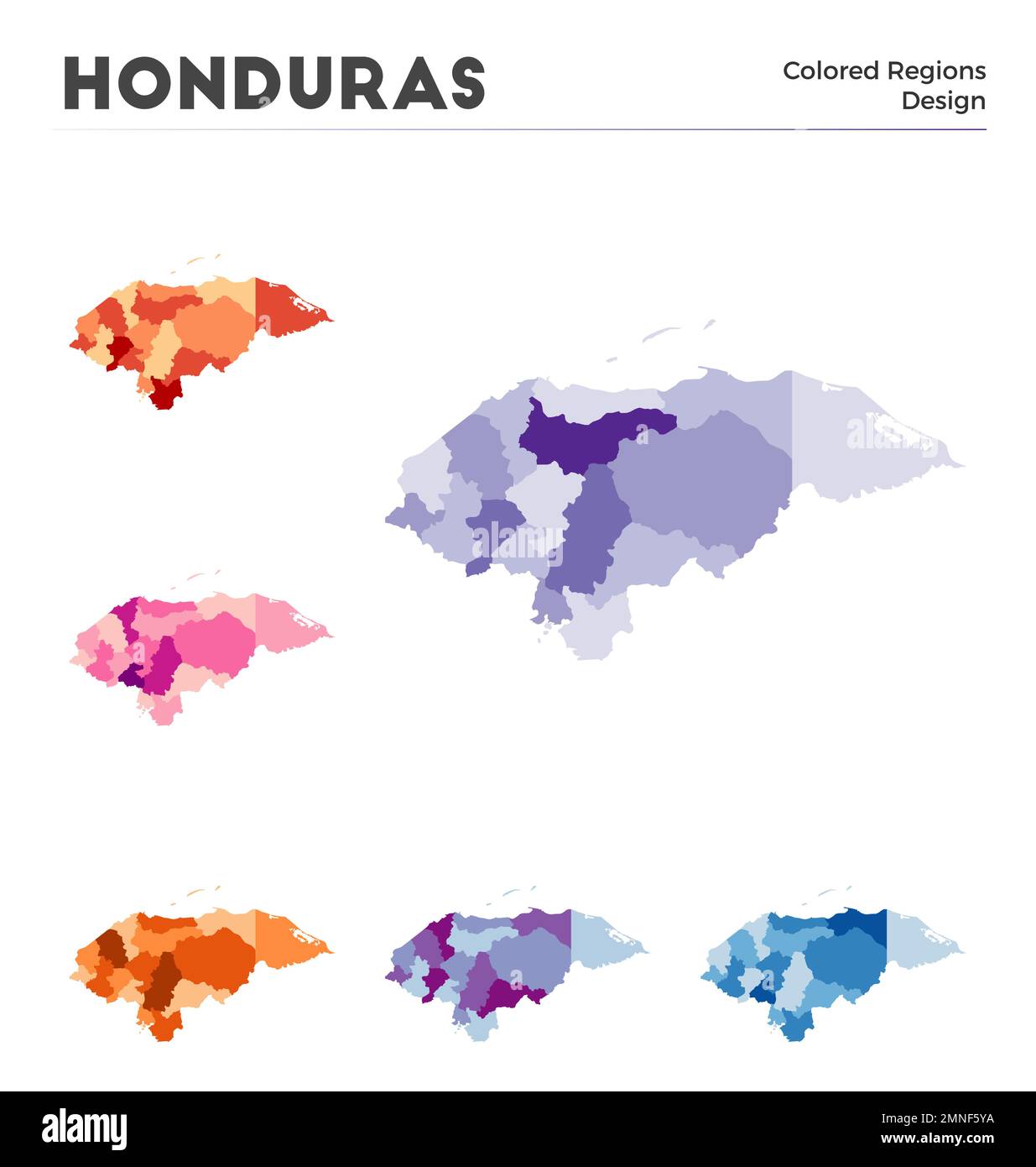 Honduras map collection. Borders of Honduras for your infographic. Colored country regions. Vector illustration. Stock Vector